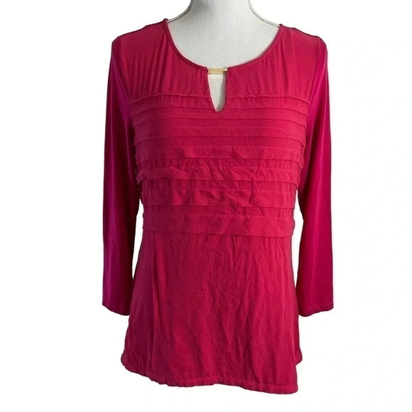 Calvin Klein Blouse Medium Hot Pink Tiered Ruffle Keyhole Neck Preppy 3/4 Sleeve - Picture 1 of 8